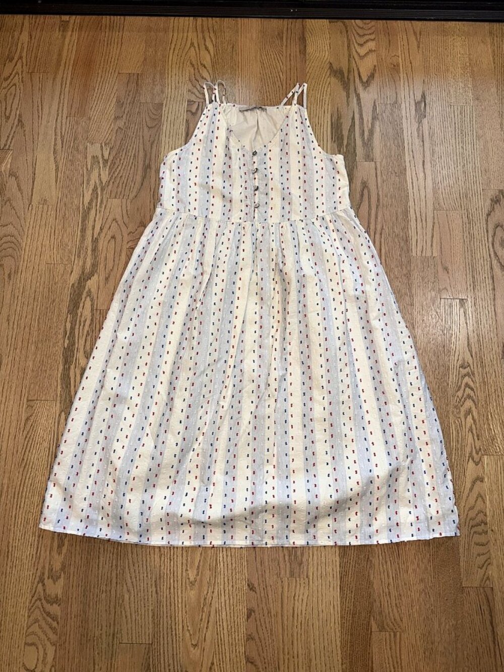 LOFT White Clip Dot Sundress Red and Blue Button Front Size 2